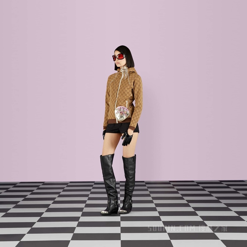 GG针织提花拉链夹克 米色和乌木色