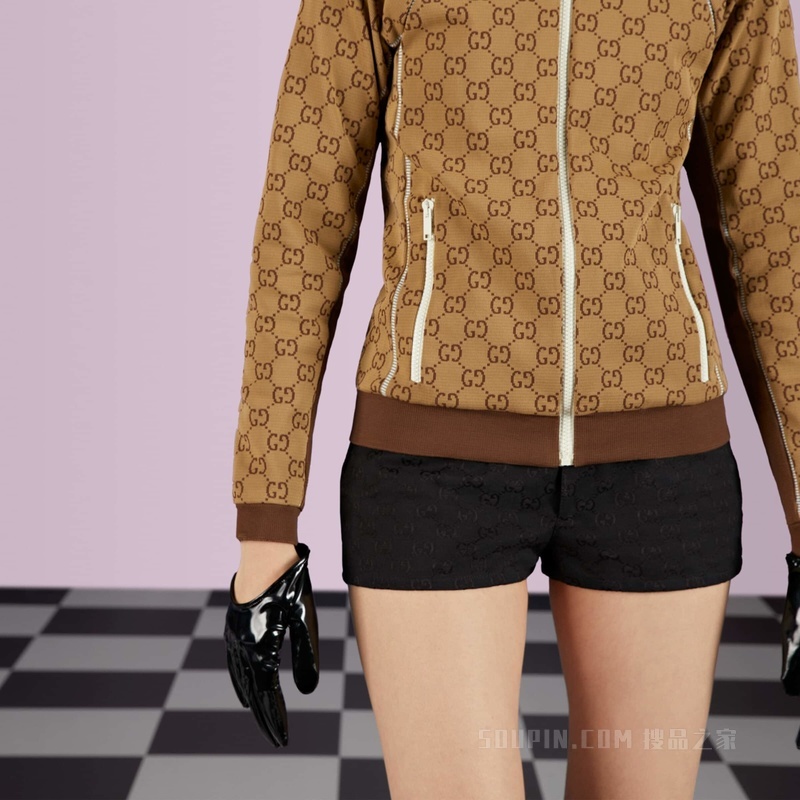 GG针织提花拉链夹克 米色和乌木色