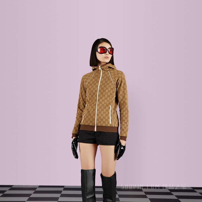 GG针织提花拉链夹克 米色和乌木色