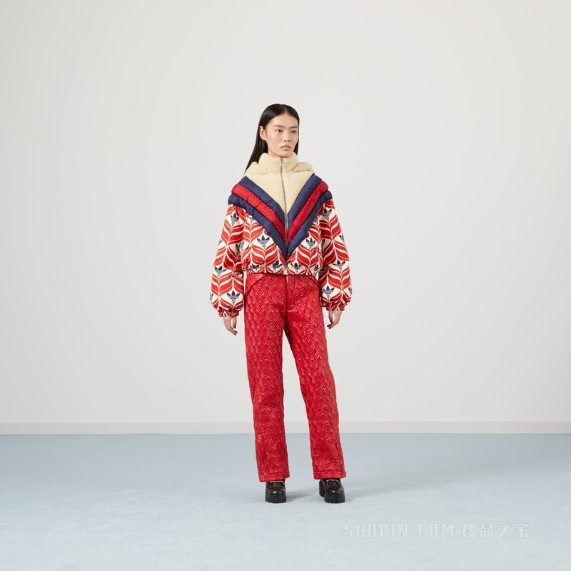 绗缝尼龙长裤 红色和象牙白色