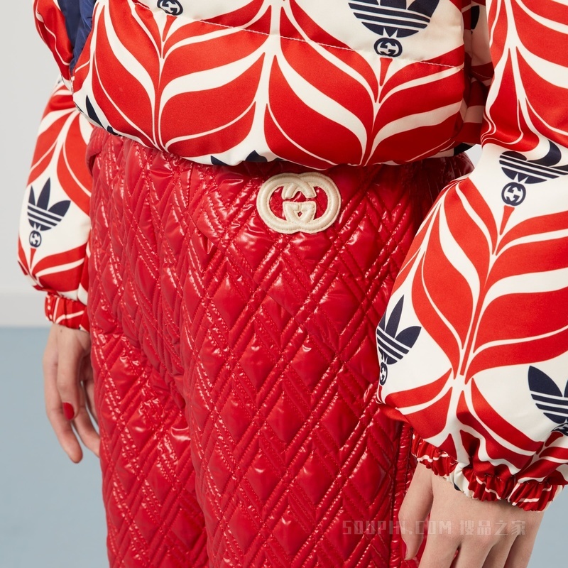 绗缝尼龙长裤 红色和象牙白色