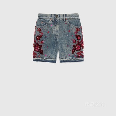 花卉刺绣牛仔短裤 浅蓝色