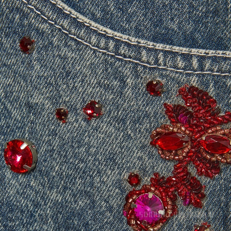 花卉刺绣牛仔短裤 浅蓝色