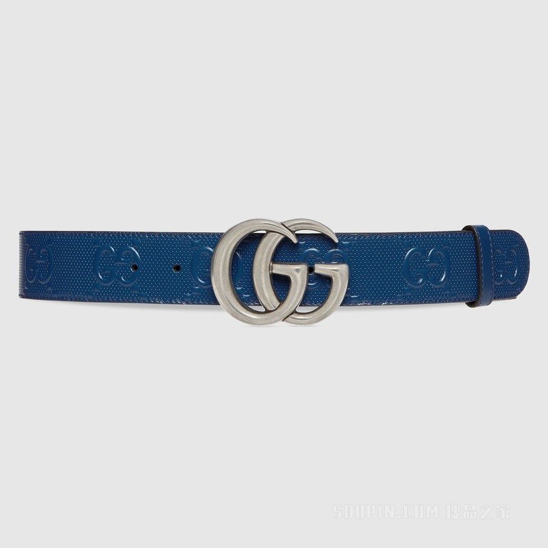 双G带扣宽版腰带 蓝色皮革