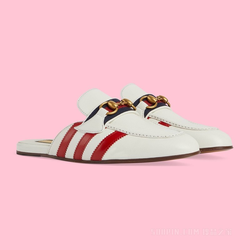 adidas x Gucci联名系列女士马衔扣拖鞋 白色皮革