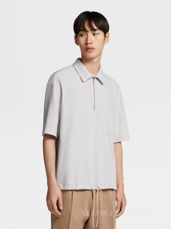 浅米色提花棉质短袖 Polo 衫