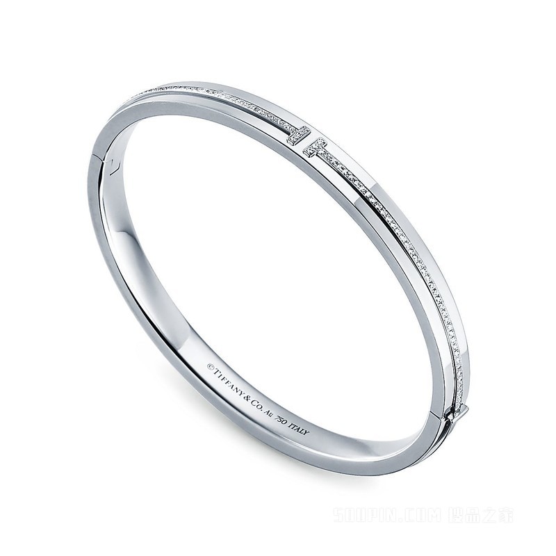 Tiffany T 系列 18K 白金镶钻铰链手镯，中号。