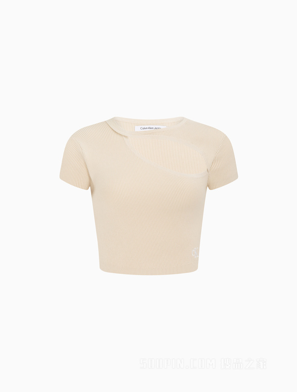 Calvin Klein 23春季女士性感镂空刺绣高腰版修身短袖针织衫J221129