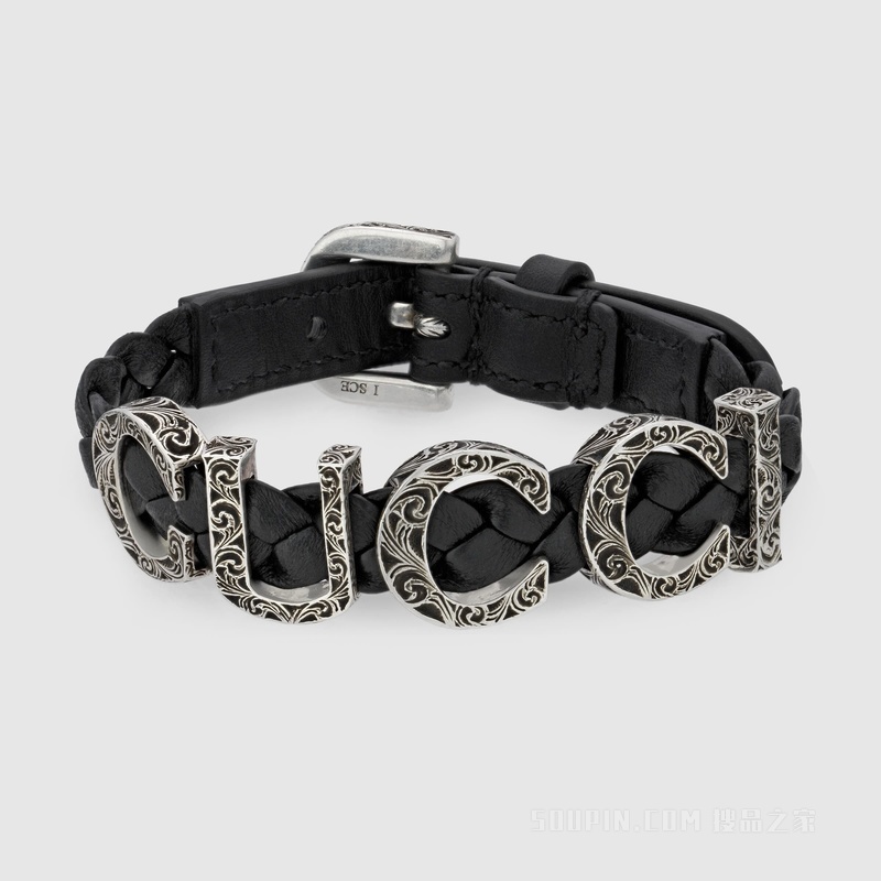 Gucci Garden饰银制品牌标识皮革手镯 黑色皮革