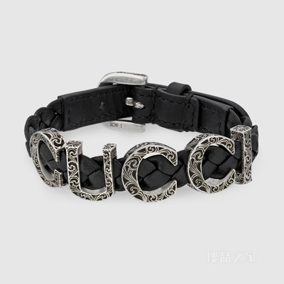 Gucci Garden饰银制品牌标识皮革手镯 黑色皮革