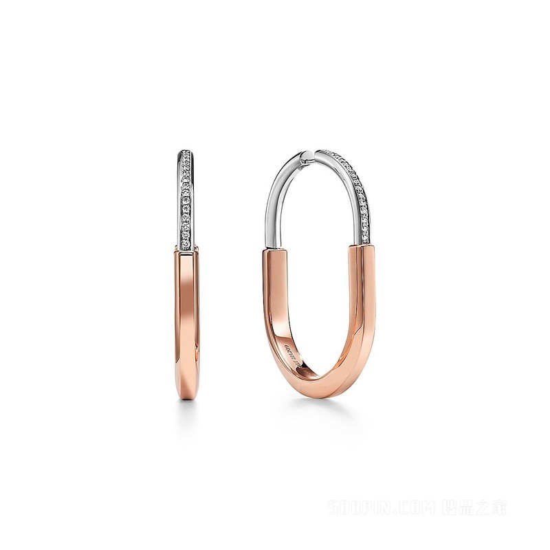 Tiffany Lock 系列 18K 玫瑰金和 18K 白金镶钻耳环，特大号