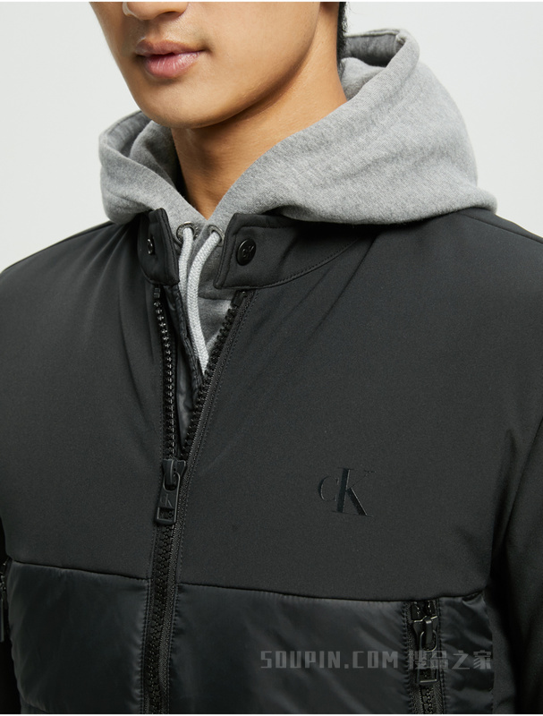 Calvin Klein 秋冬男士简约字母印花拼接立领保暖夹棉外套ZM02034