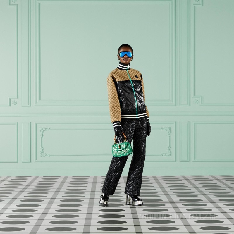 绗缝尼龙长裤 黑色和象牙白色