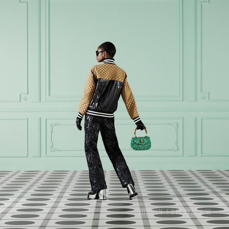 绗缝尼龙长裤 黑色和象牙白色