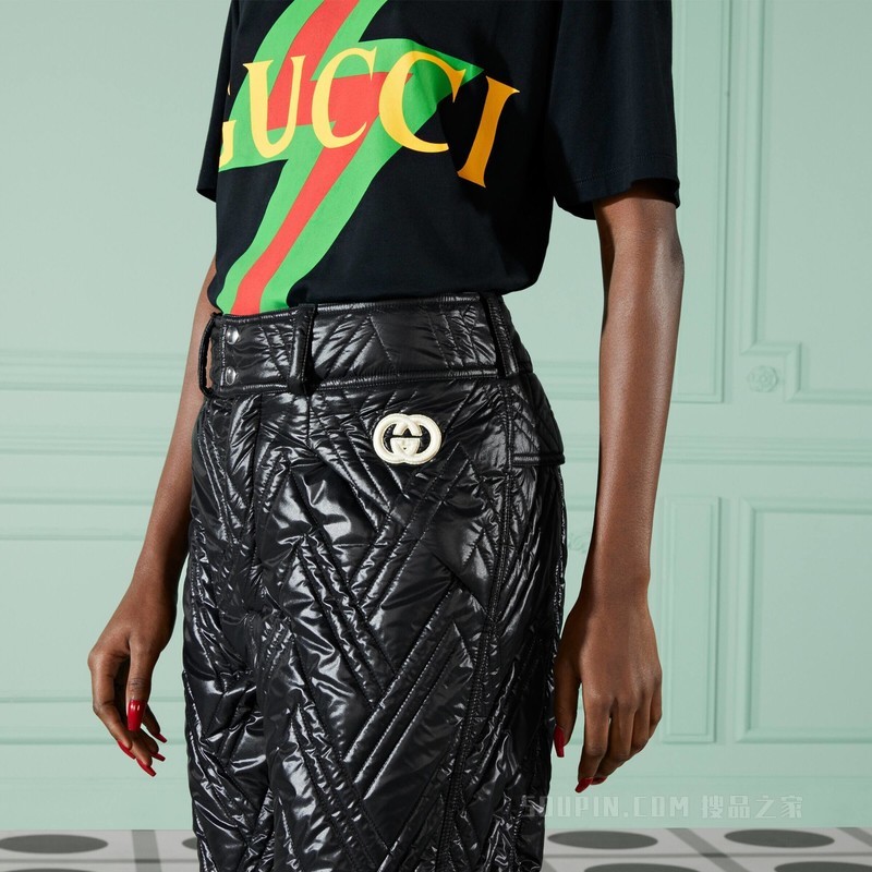 绗缝尼龙长裤 黑色和象牙白色