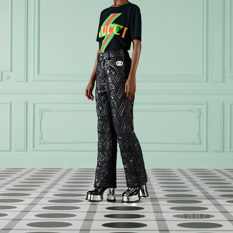 绗缝尼龙长裤 黑色和象牙白色