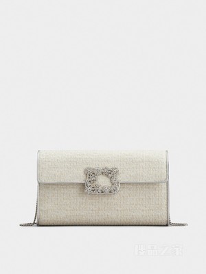 Flower Strass Piping钻扣织物手拿包 奶油色