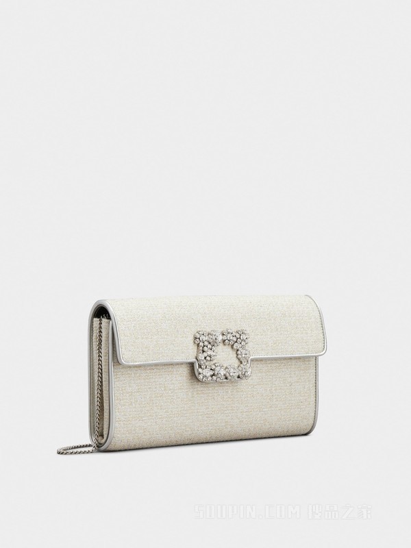 Flower Strass Piping钻扣织物手拿包 奶油色