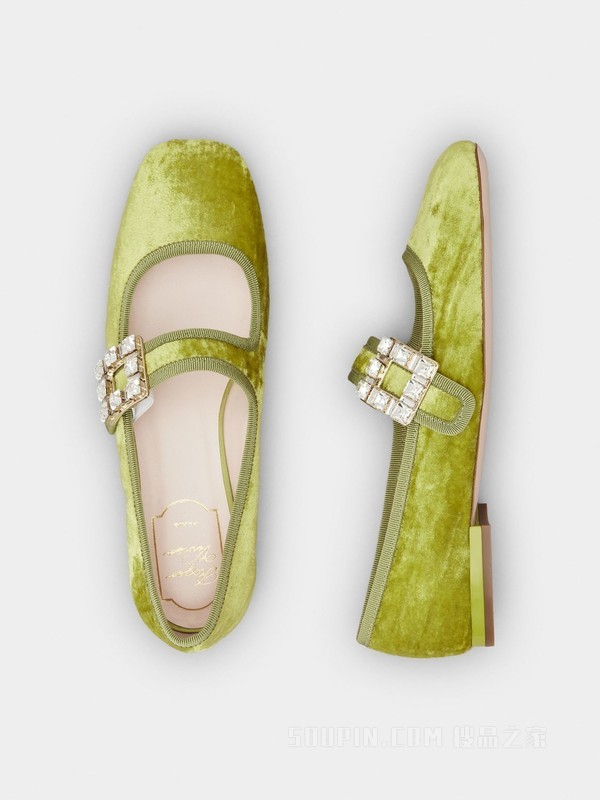 Très Vivier 钻扣天鹅绒芭蕾舞鞋 绿色