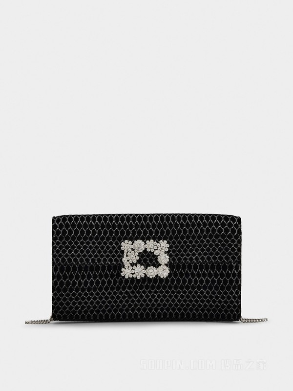 Flower Strass Illusion钻扣天鹅绒手拿包 黑色