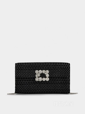 Flower Strass Illusion钻扣天鹅绒手拿包 黑色