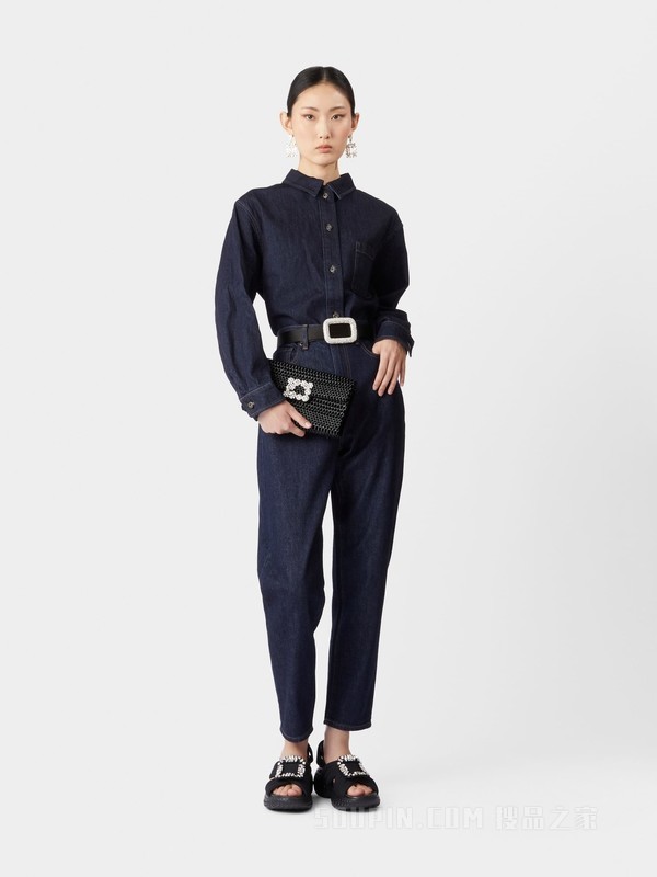 Flower Strass Illusion钻扣天鹅绒手拿包 黑色