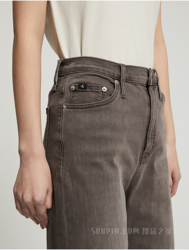 Calvin Klein 23春季新款女士时髦年轻高腰阔腿灰色水洗牛仔裤J221023