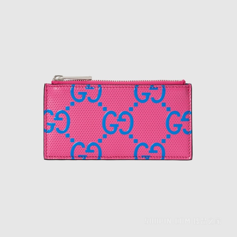 GG印花压纹拉链卡片夹 紫红色和蓝色皮革
