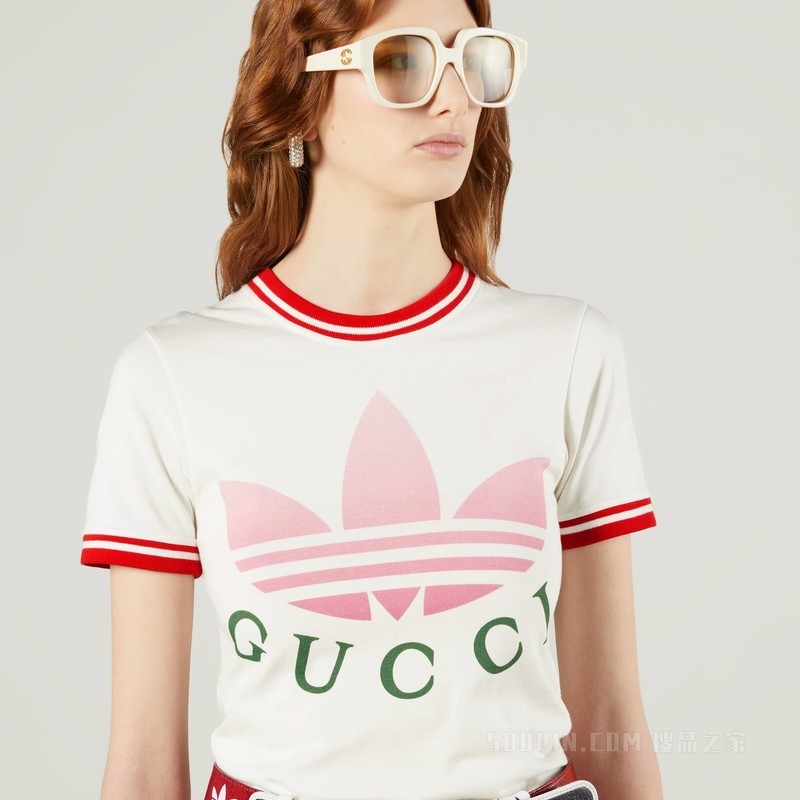adidas x Gucci联名系列棉质T恤 米白色