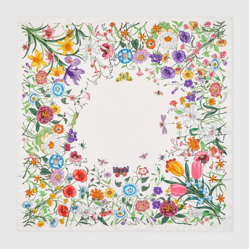 花卉印花真丝方巾 白色和多色