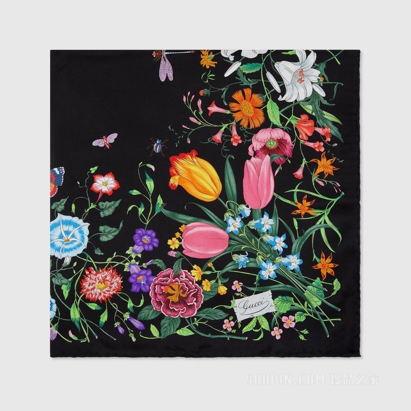 花卉印花真丝方巾 黑色和多色