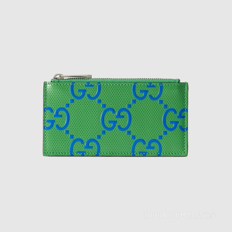 GG印花压纹拉链卡片夹 绿色和蓝色皮革