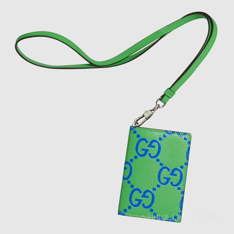 GG印花压纹卡片夹 绿色和蓝色皮革
