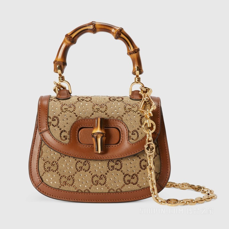Gucci Bamboo 1947系列竹节迷你手提包 米色和乌木色