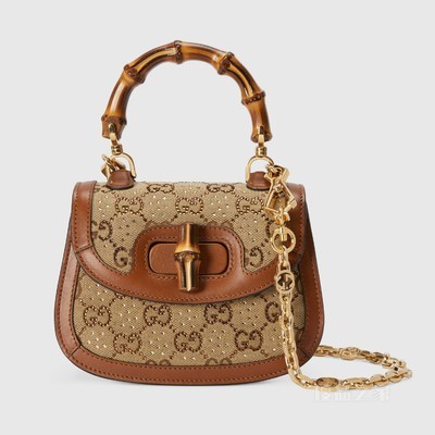 Gucci Bamboo 1947系列竹节迷你手提包 米色和乌木色