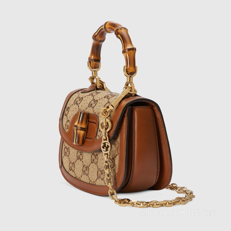 Gucci Bamboo 1947系列竹节迷你手提包 米色和乌木色