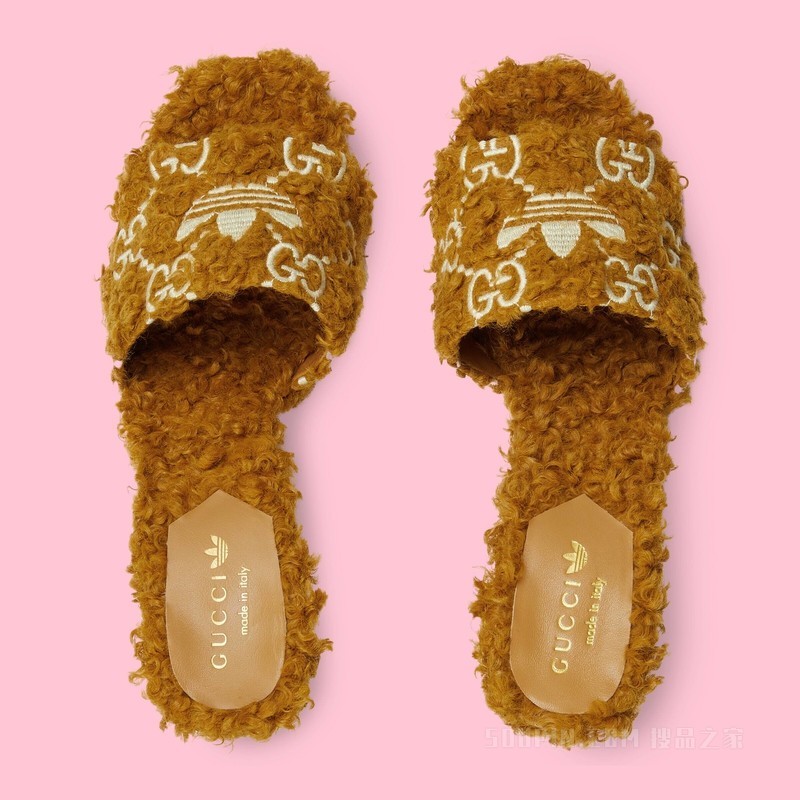 adidas x Gucci联名系列女士凉拖 棕色羊毛皮效果织物