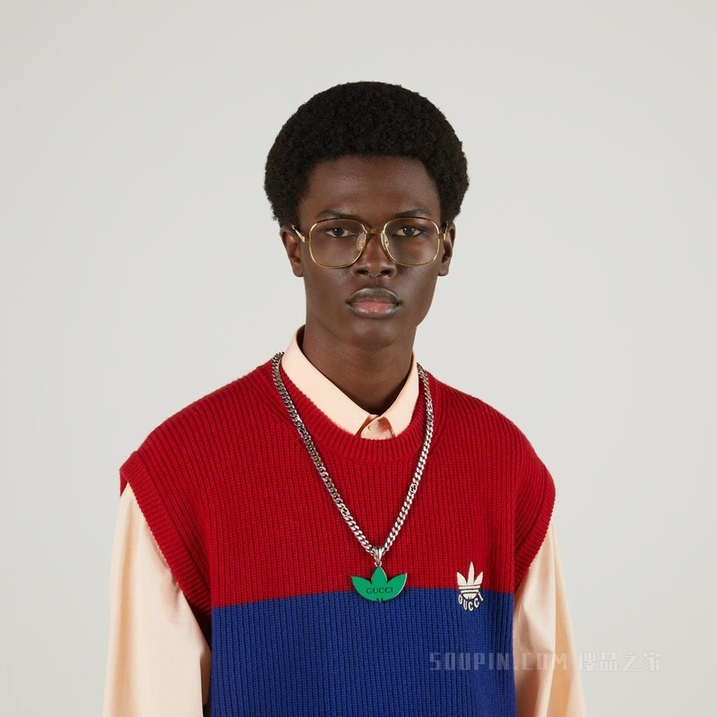 adidas x Gucci联名系列三叶草徽标造型吊坠项链 钯金色调金属
