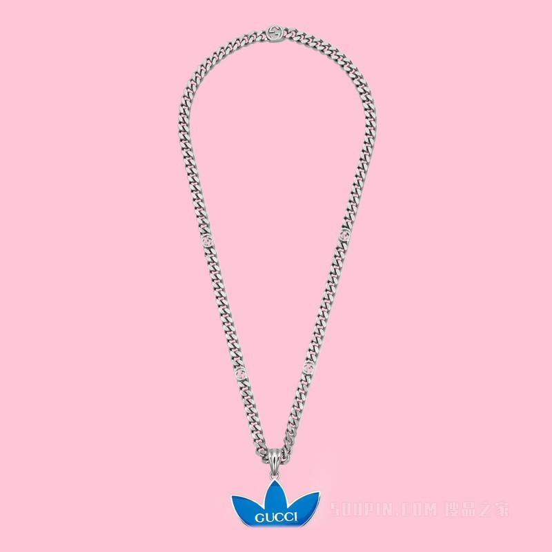 adidas x Gucci联名系列三叶草徽标造型吊坠项链 钯金色调金属