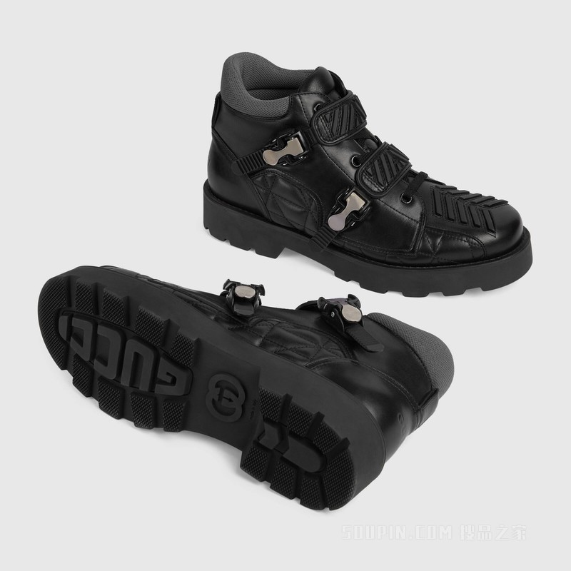 男士搭扣靴 黑色皮革