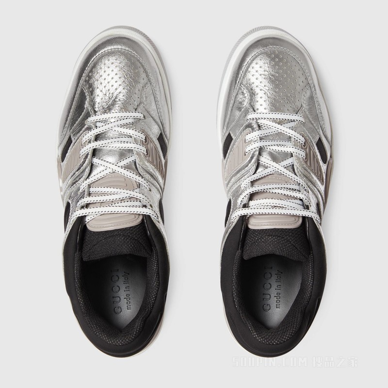 Gucci Basket男士运动鞋 银色金属质感皮革