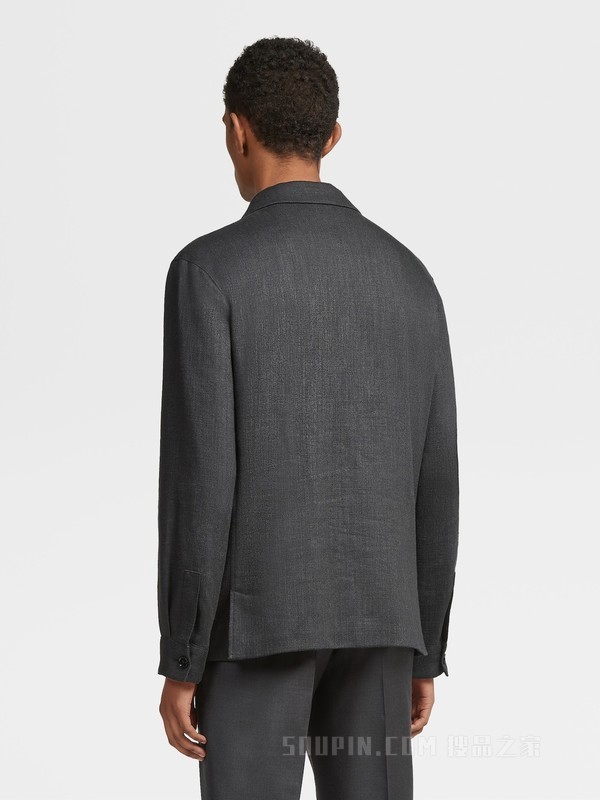 黑色桑蚕丝及亚麻混纺工装夹克