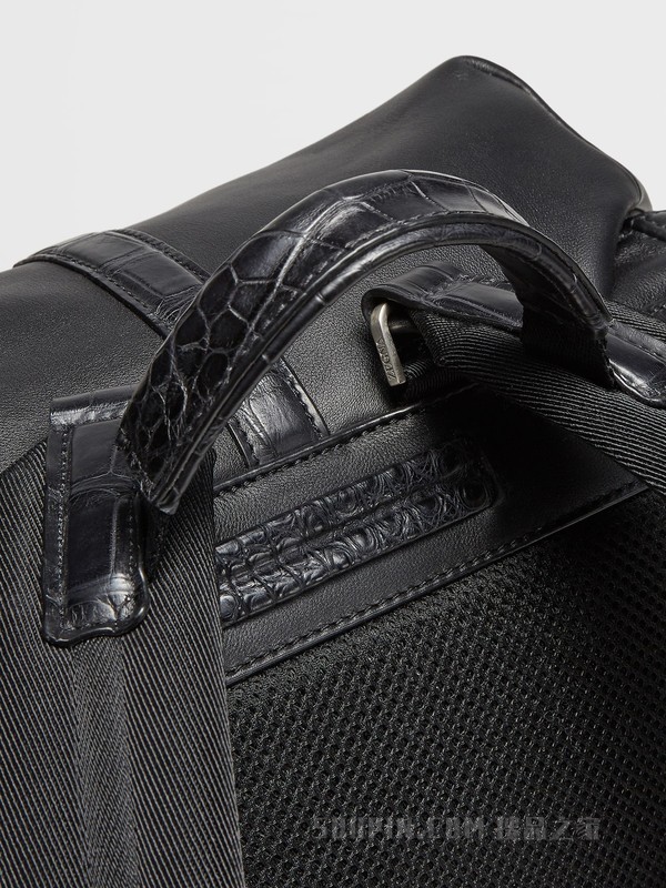 Zegna/杰尼亚】黑色光滑皮革配鳄鱼皮Special 双肩背包LHAPE-C1971Z-NER