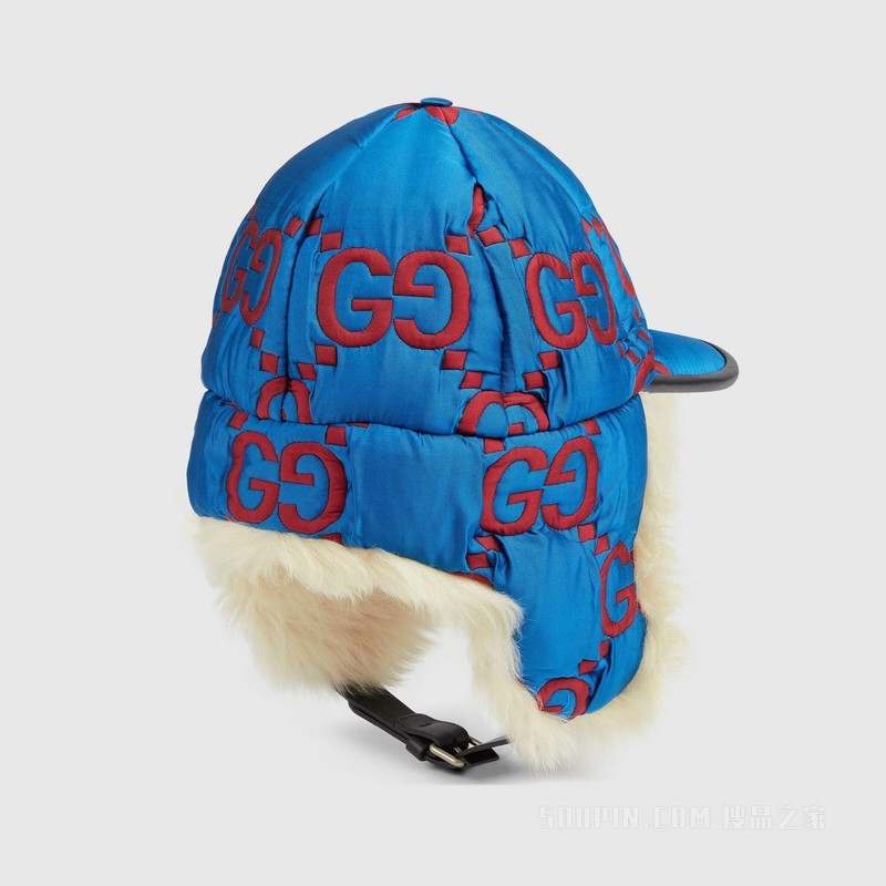 带耳罩绗缝GG尼龙帽子 蓝色和红色