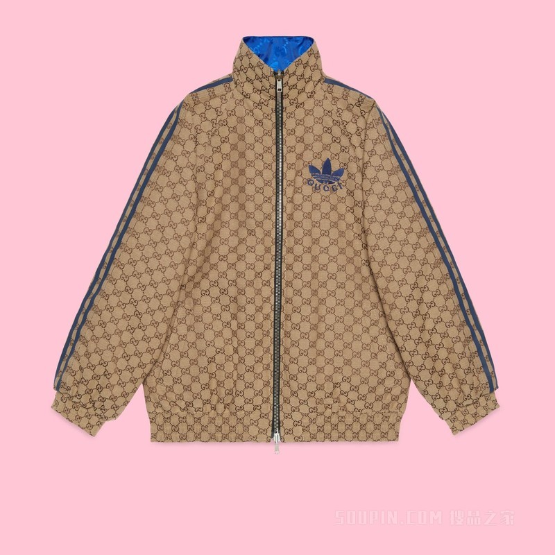 adidas x Gucci联名系列GG帆布双面飞行员夹克 米色和乌木色/蓝色