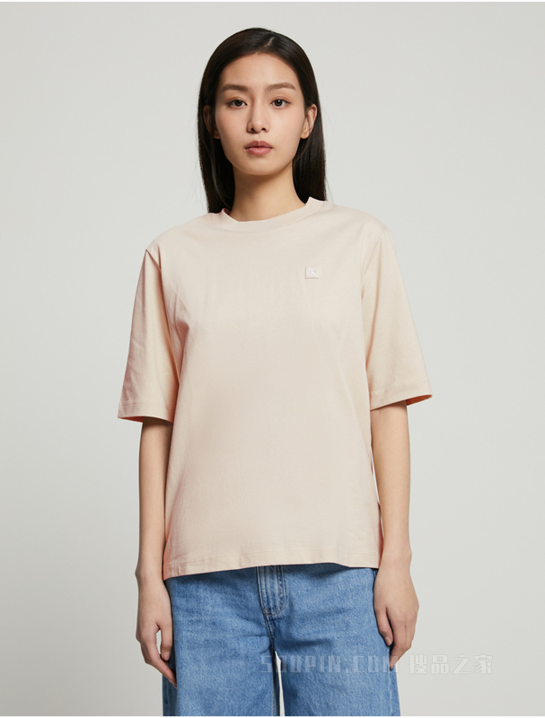 Calvin Klein 23春季新款女士休闲简约刺绣方标纯棉圆领短袖T恤J218869