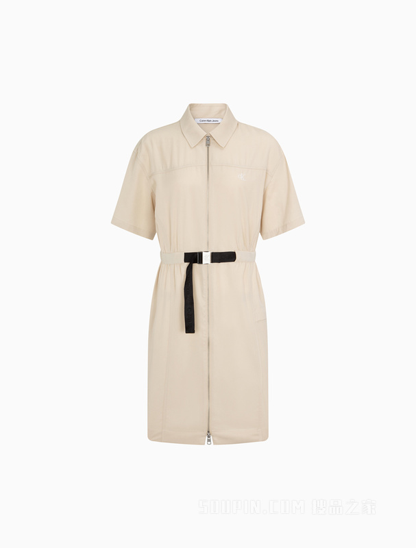 Calvin Klein 23春季新款女士时尚LOGO织带收腰拉链翻领连衣裙J221119