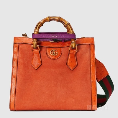 Gucci Diana竹节小号鸵鸟皮滚边托特包 橘色