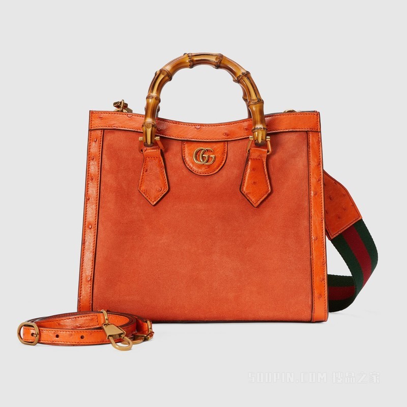 Gucci Diana竹节小号鸵鸟皮滚边托特包 橘色