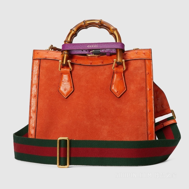 Gucci Diana竹节小号鸵鸟皮滚边托特包 橘色